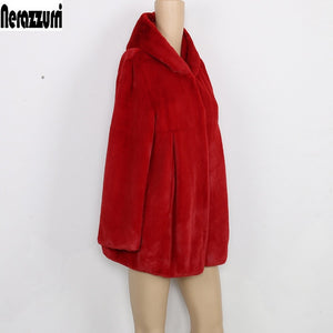 Lambs wool Coat Faux Fur Coat With Hood High Waist Fashion Slim Black Red Pink Faux