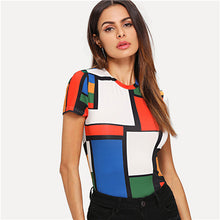 Load image into Gallery viewer, Color Block Top Geometric Print Color Block Top Multicolor Short Sleeve Round Neck Tee Women