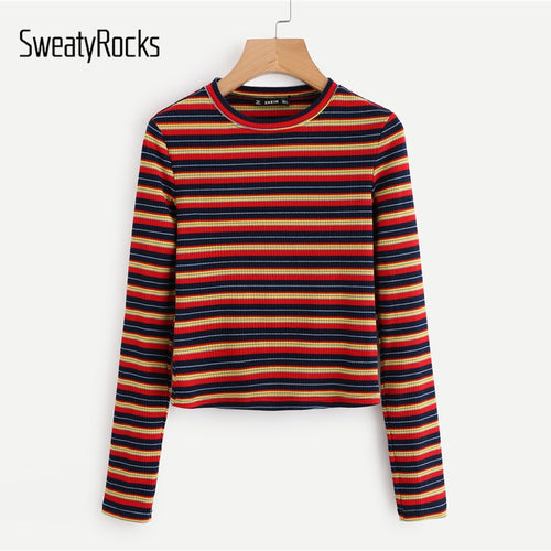 Color Block Top  Colourful Striped Active Tee Slim Fit Long Sleeve Top