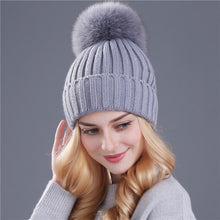 Load image into Gallery viewer, Ponytail Beanie Hat  mink and fox   ball cap pom poms winter