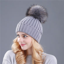 Load image into Gallery viewer, Ponytail Beanie Hat  mink and fox   ball cap pom poms winter