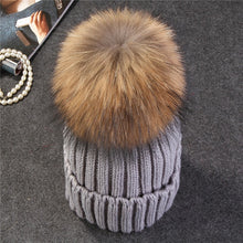 Load image into Gallery viewer, Ponytail Beanie Hat  mink and fox   ball cap pom poms winter