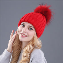 Load image into Gallery viewer, Ponytail Beanie Hat  mink and fox   ball cap pom poms winter