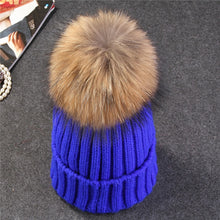 Load image into Gallery viewer, Ponytail Beanie Hat  mink and fox   ball cap pom poms winter