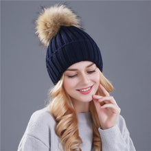 Load image into Gallery viewer, Ponytail Beanie Hat  mink and fox   ball cap pom poms winter