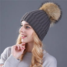 Load image into Gallery viewer, Ponytail Beanie Hat  mink and fox   ball cap pom poms winter