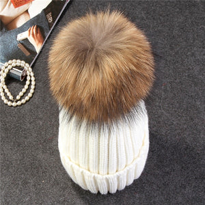 Ponytail Beanie Hat  mink and fox   ball cap pom poms winter