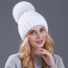 Load image into Gallery viewer, Ponytail Beanie Hat  mink and fox   ball cap pom poms winter
