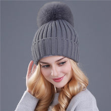 Load image into Gallery viewer, Ponytail Beanie Hat  mink and fox   ball cap pom poms winter