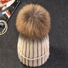 Load image into Gallery viewer, Ponytail Beanie Hat  mink and fox   ball cap pom poms winter