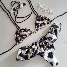 Load image into Gallery viewer, Padded Swimwear Sexy Leopard  Bandeau swimsuit Ruffle bottom