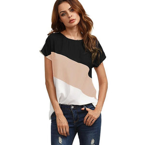 Color Block Top high quality Color Block Chiffon Short Sleeve Casual Tops