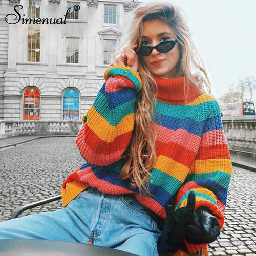 Oversized Sweater Simenual Rainbow turtleneck sweaters women winter