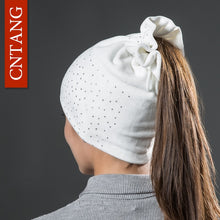 Load image into Gallery viewer, Ponytail Beanie Hat Women Rhinestones Velvet