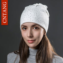 Load image into Gallery viewer, Ponytail Beanie Hat Women Rhinestones Velvet