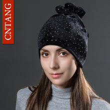 Load image into Gallery viewer, Ponytail Beanie Hat Women Rhinestones Velvet