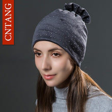 Load image into Gallery viewer, Ponytail Beanie Hat Women Rhinestones Velvet