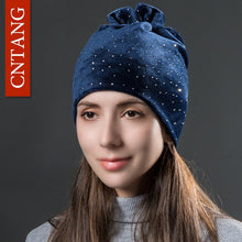 Load image into Gallery viewer, Ponytail Beanie Hat Women Rhinestones Velvet