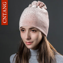 Load image into Gallery viewer, Ponytail Beanie Hat Women Rhinestones Velvet