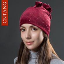 Load image into Gallery viewer, Ponytail Beanie Hat Women Rhinestones Velvet