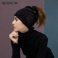 Load image into Gallery viewer, Ponytail Beanie Hat Stretchy  With Rhinestone