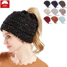 Load image into Gallery viewer, Ponytail Beanie Hat Moon   Flower Line Motley Wool Knitted Hole Cap