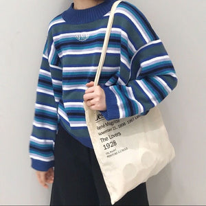Oversized Sweater Clarissa Sweater Blue & White Striped Jumper Embroidered Logo Cropped