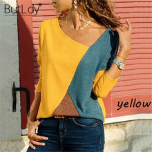 Load image into Gallery viewer, Color Block Top Patchwork T Shirt Women Long Sleeve Skew Collar Casual Shirt Fashion
