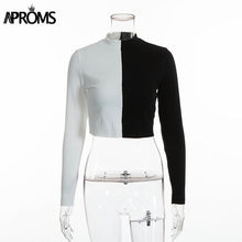 Load image into Gallery viewer, Color Block Top White Khaki Color Blocked Knitted Long Sleeve T-Shirt Women Basic Crop Top