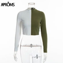 Load image into Gallery viewer, Color Block Top White Khaki Color Blocked Knitted Long Sleeve T-Shirt Women Basic Crop Top