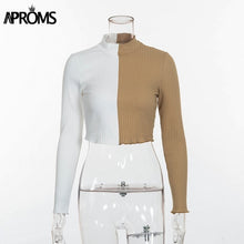 Load image into Gallery viewer, Color Block Top White Khaki Color Blocked Knitted Long Sleeve T-Shirt Women Basic Crop Top