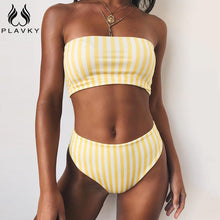 Load image into Gallery viewer, Padded Swimwear 2019 Retro Sexy Yellow Striped Strapless Bandeau Padded Swimwear