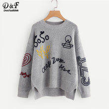 Load image into Gallery viewer, Oversized Sweater  Grey Braided Embroidery Stepped Hem Womens Sweaters