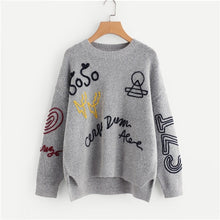 Load image into Gallery viewer, Oversized Sweater  Grey Braided Embroidery Stepped Hem Womens Sweaters
