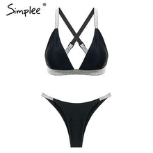 Load image into Gallery viewer, Padded Swimwear Simple Sexy silver micro bikini bodysuit Strap push up