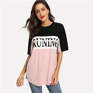 Color Block Top  Color Block Letter Print Tee 2019 Ducky Spring Summer Half Sleeve Oversized Tops
