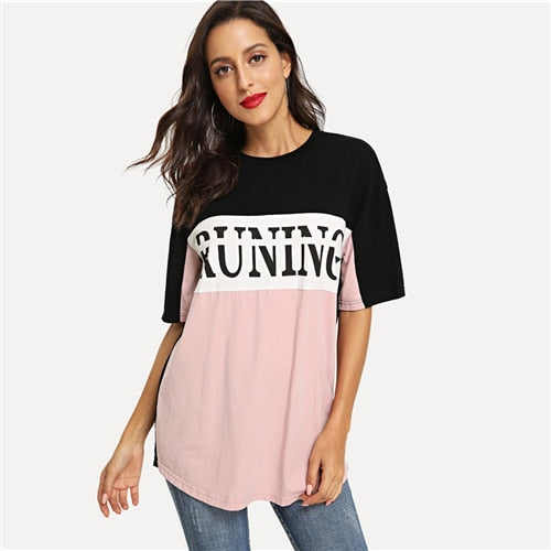 Color Block Top  Color Block Letter Print Tee 2019 Ducky Spring Summer Half Sleeve Oversized Tops