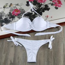Load image into Gallery viewer, Padded Swimwear Bikini Solid Strappy Bandage Bikinis Set White Push Up