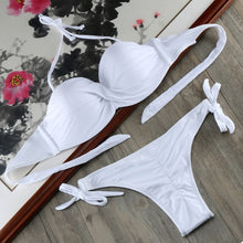 Load image into Gallery viewer, Padded Swimwear Bikini Solid Strappy Bandage Bikinis Set White Push Up
