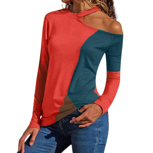 Color Block Top 2019 fashion new clothing Hanging neck Plus Size  Women Off Shoulder Asymmetric Patchwork