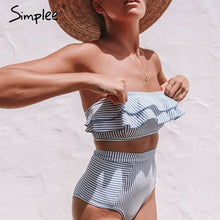 Load image into Gallery viewer, Padded Swimwear Ruffle Striped high waist women bathing suit Push up padded
