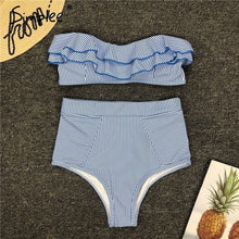 Load image into Gallery viewer, Padded Swimwear Ruffle Striped high waist women bathing suit Push up padded