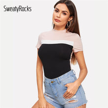 Load image into Gallery viewer, Color Block Top Mock Neck Color Block Tee Streetwear Short Sleeve Slim Basic T-shirts 2019