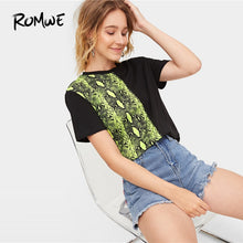 Load image into Gallery viewer, Color Block Top  Color-Block Snake Pattern Tee Fashion Stylish Short Sleeve Black T Shirt