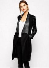 Load image into Gallery viewer, Leather Jackets Sleeve Patchwork Cardigan Women Trench Coat 2019 New Spring Slim Long