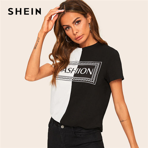 Color Block Top Casual Black and White Two Tone Letter Print Tee Short Sleeve T Shirt Women Summer 2019