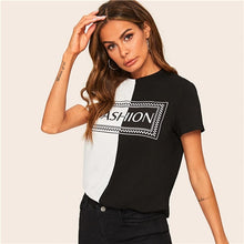 Load image into Gallery viewer, Color Block Top Casual Black and White Two Tone Letter Print Tee Short Sleeve T Shirt Women Summer 2019