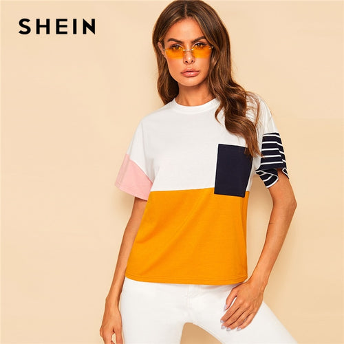 Color Block Top Multicolor Pocket Front Color Block Tee Casual T Shirt Women Summer Striped Short