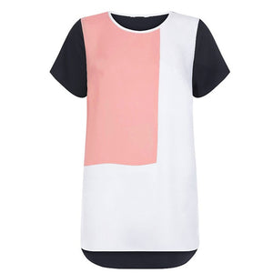 Color Block Top  Women T Shirt Summer Color Block Short Sleeve O-Neck Casual T Shirts Tunic