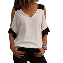 Load image into Gallery viewer, Color Block Top Summer Women Plus Size Color Block T-Shirt Cold Shoulder V Neck Short Sleeve Top
